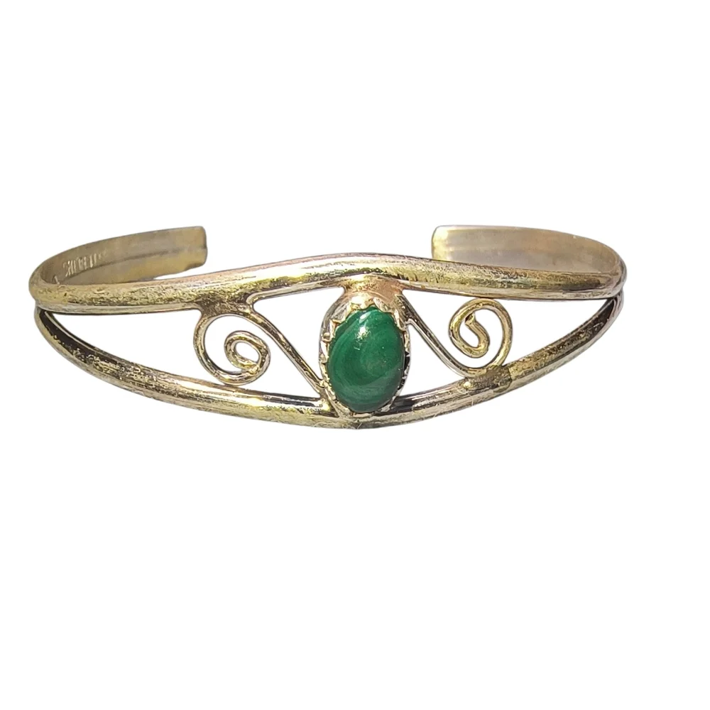 Malachite And Sterling Silver Signed Native American Baby Bracelet